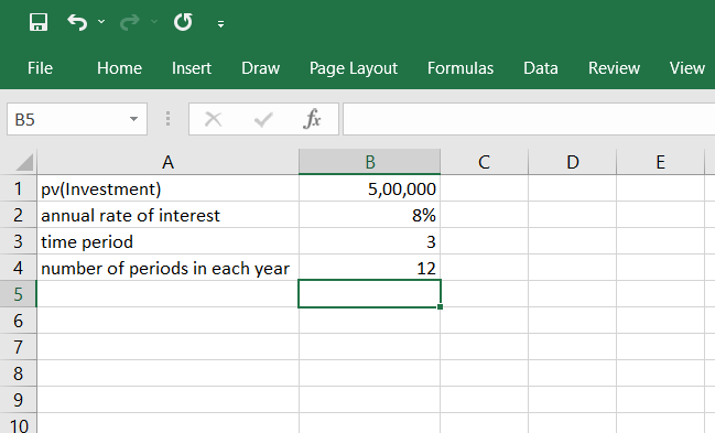 Spreadsheet showing the investment of rupees 5,00,000 made by a business at a constant annual rate of interest of 8% for three years.
