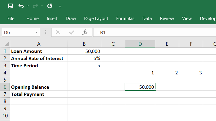Spreadsheet showing about the debt to be rupees 50,000 at an annual interest rate of 6% for five years.