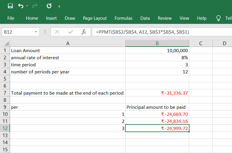Spreadsheet showing that how to calculate the principal amount in the second and third periods