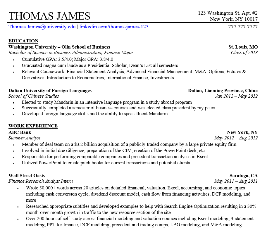 A Resume Example For An Investment Banking Aspirant